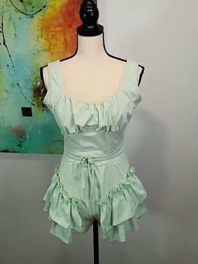 Mint Green 2 PC Cropped Pleated Tank And Ruffle Shorts Set